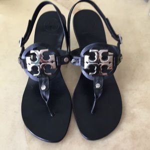 Tory Burch Black Sandal with Silver Metal Logo